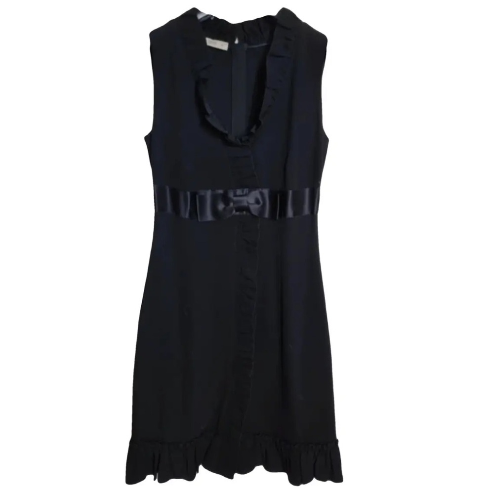 VTG PRADA FALL 2008 FRILL TRIM BLACK BOW CREPE DRESS